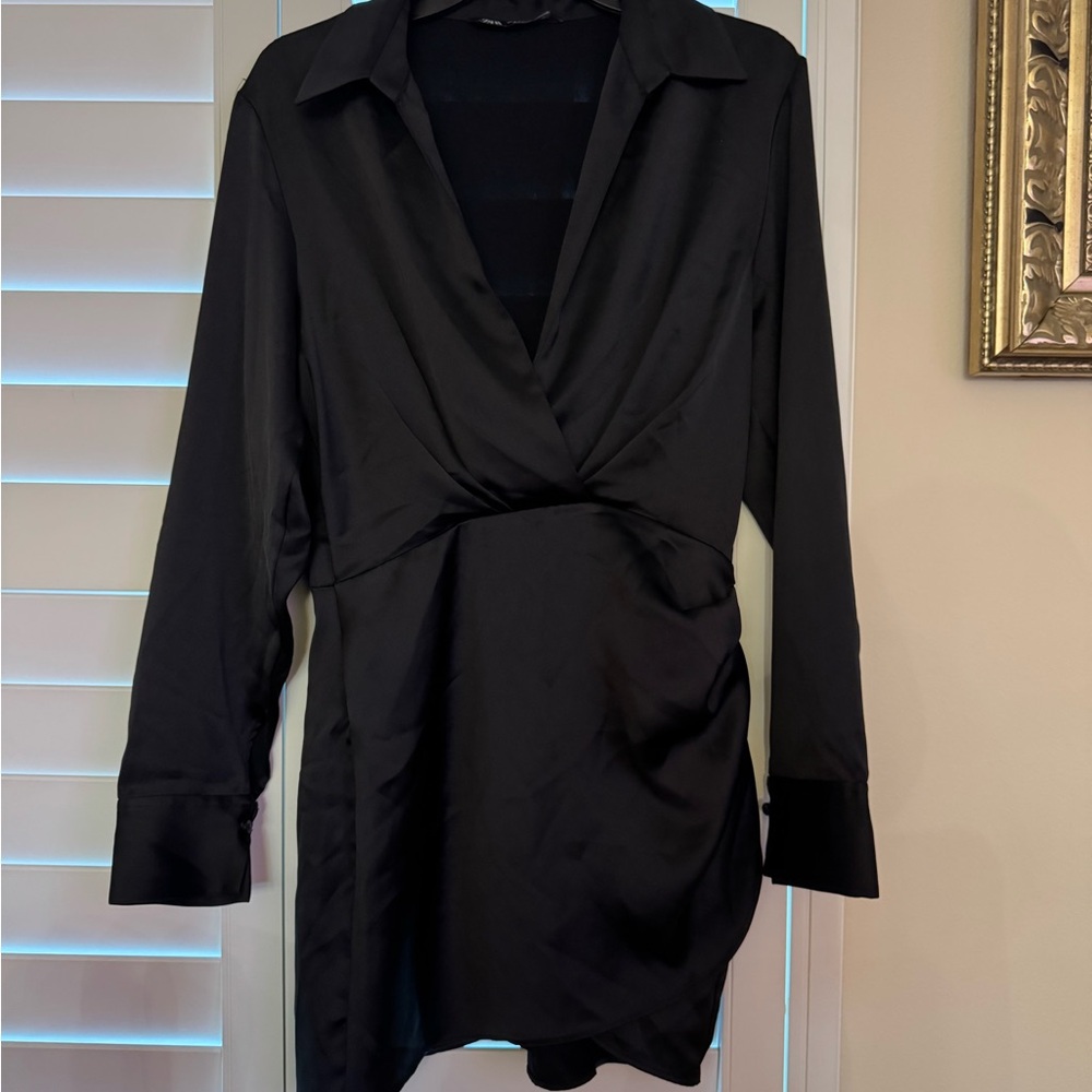 Zara Women's Short Satin Effect Tiered Dress Black Size Medium